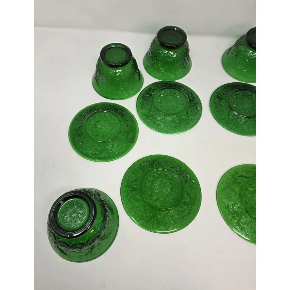 6 Vintage Anchor Hocking Forest Green Sandwich Custard Cups Set And Saucer‎ Set